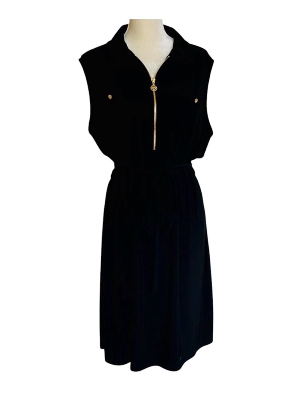 Anne Klein Black Sleeveless Midi Dress Gold Zip Waist Tie 2X Plus Size